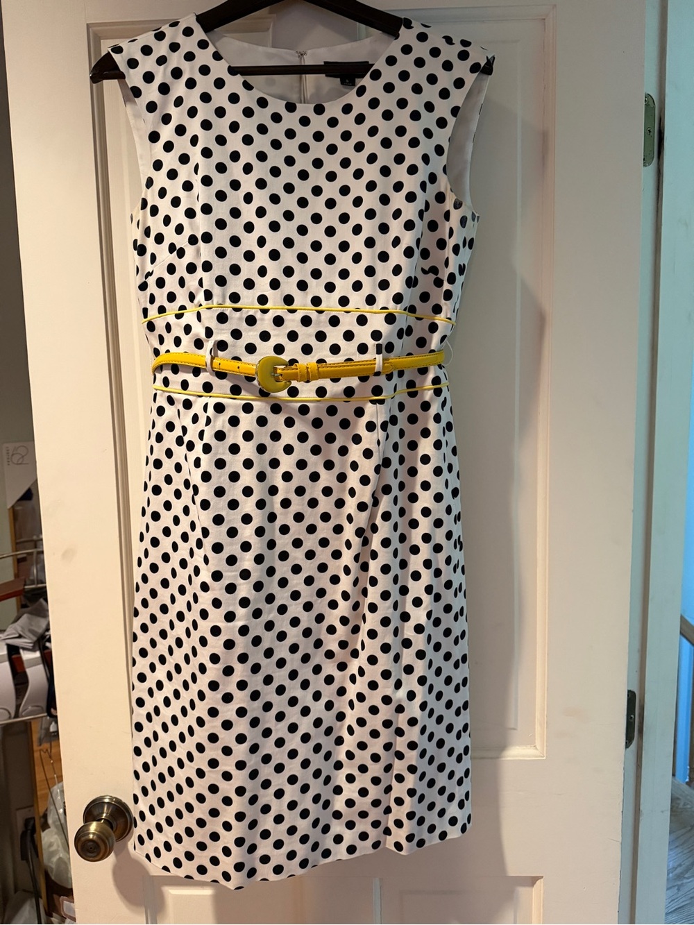 Tahari White and Black Polka Dot Sleeveless Dress with Yellow Accents and Belt
